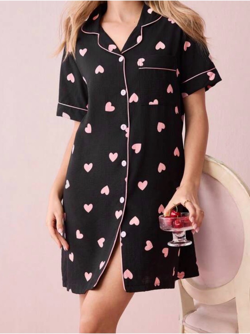Women's Black Heart-Print Short Sleeve Sleep Shirt